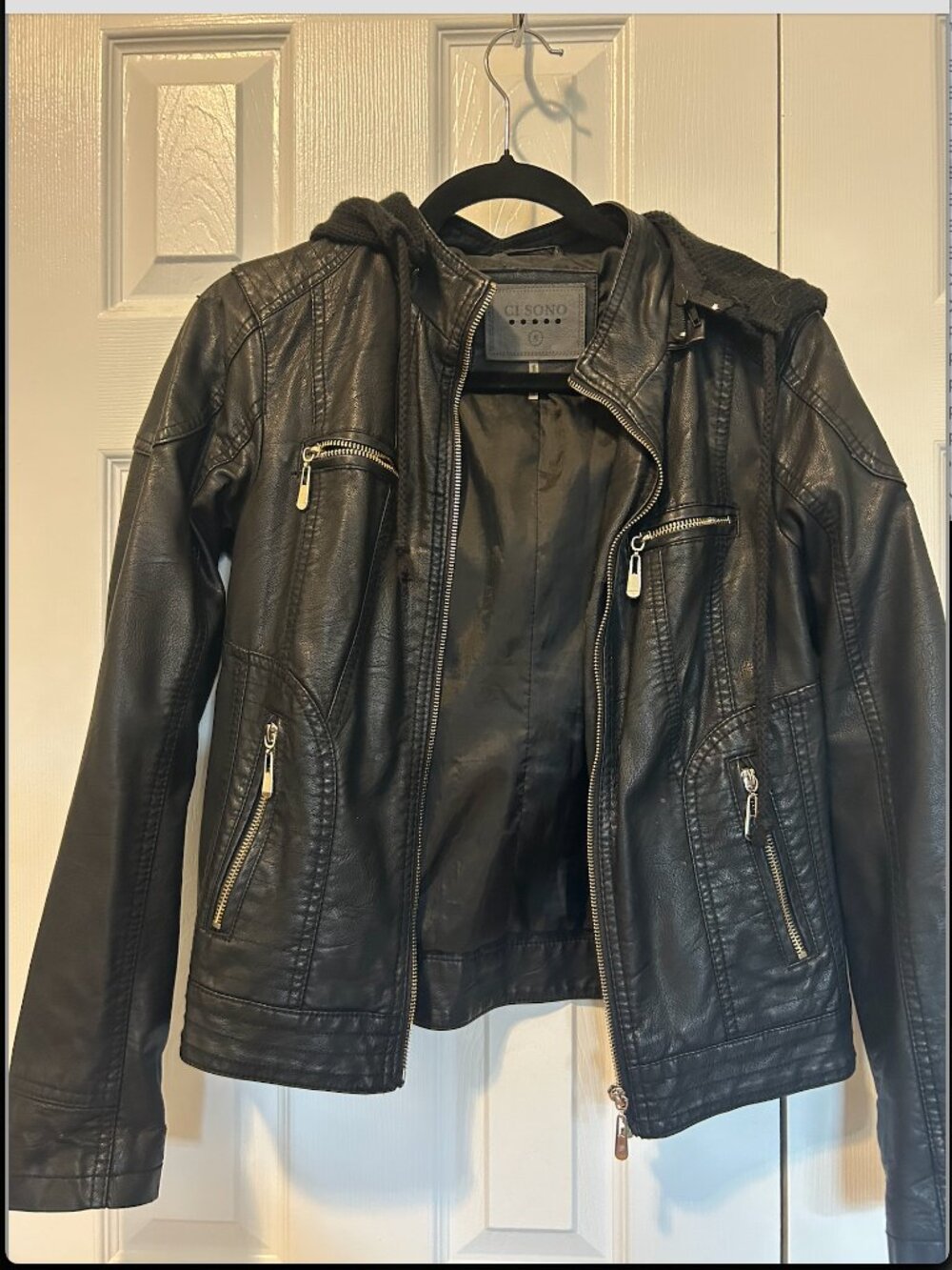 Faux Leather Jacket with Hood